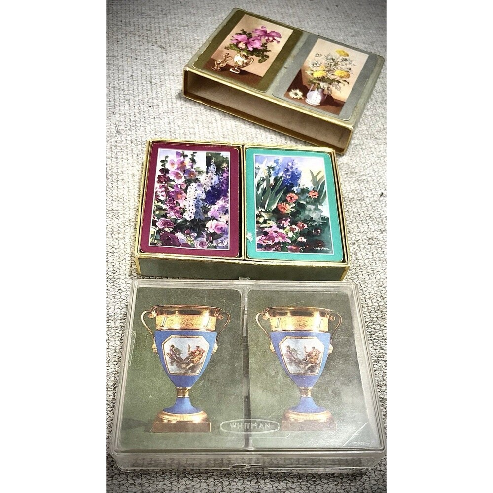 Vintage Playing Cards Lot Floral Decks Gold Box + Whitman Set Retro 2 Pair